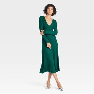 Women's Long Sleeve Midi A-Line Dress - A New Day Green S